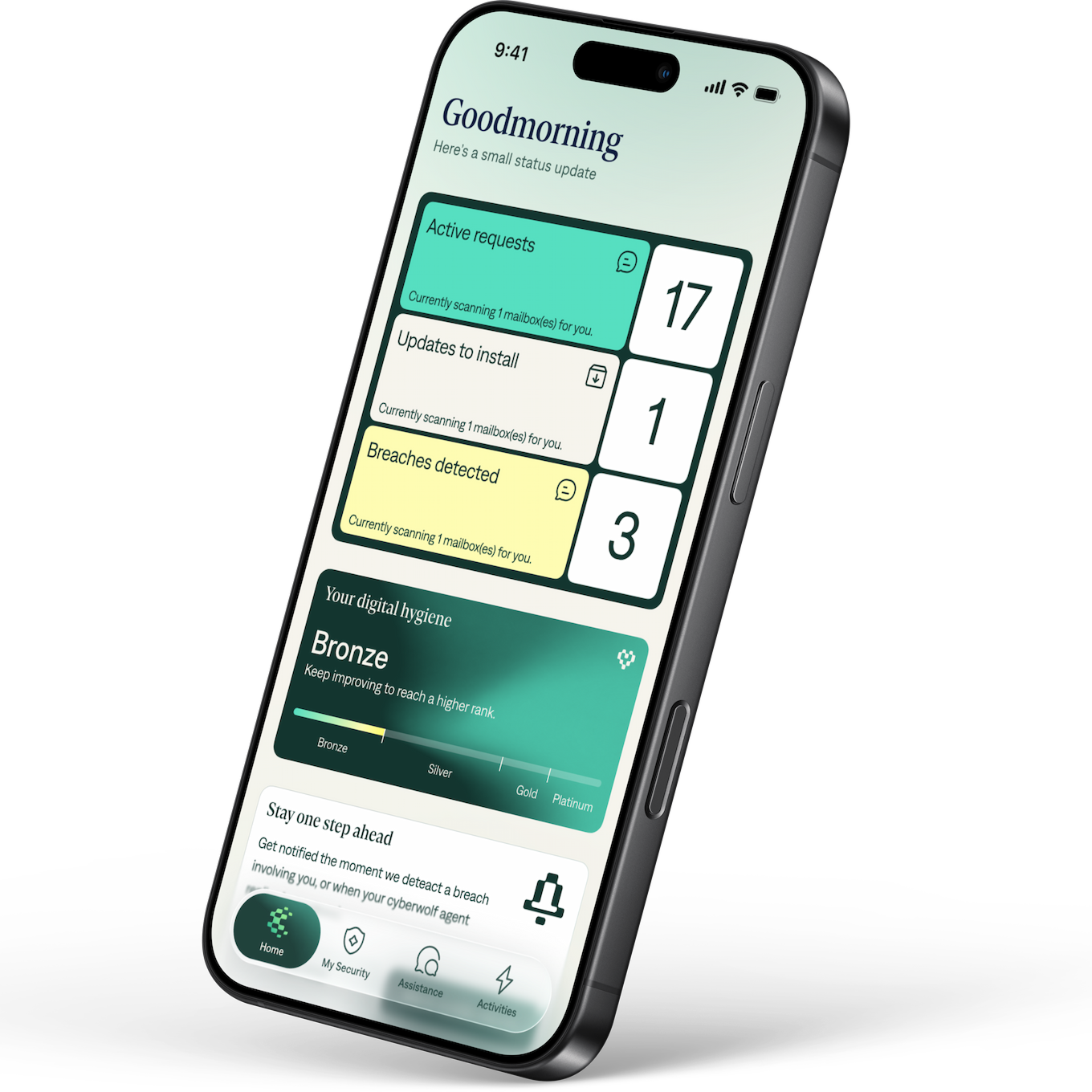 The Cyberwolf app on a phone, showing a member’s live security status, recent actions taken on their behalf, and a direct line to the response team