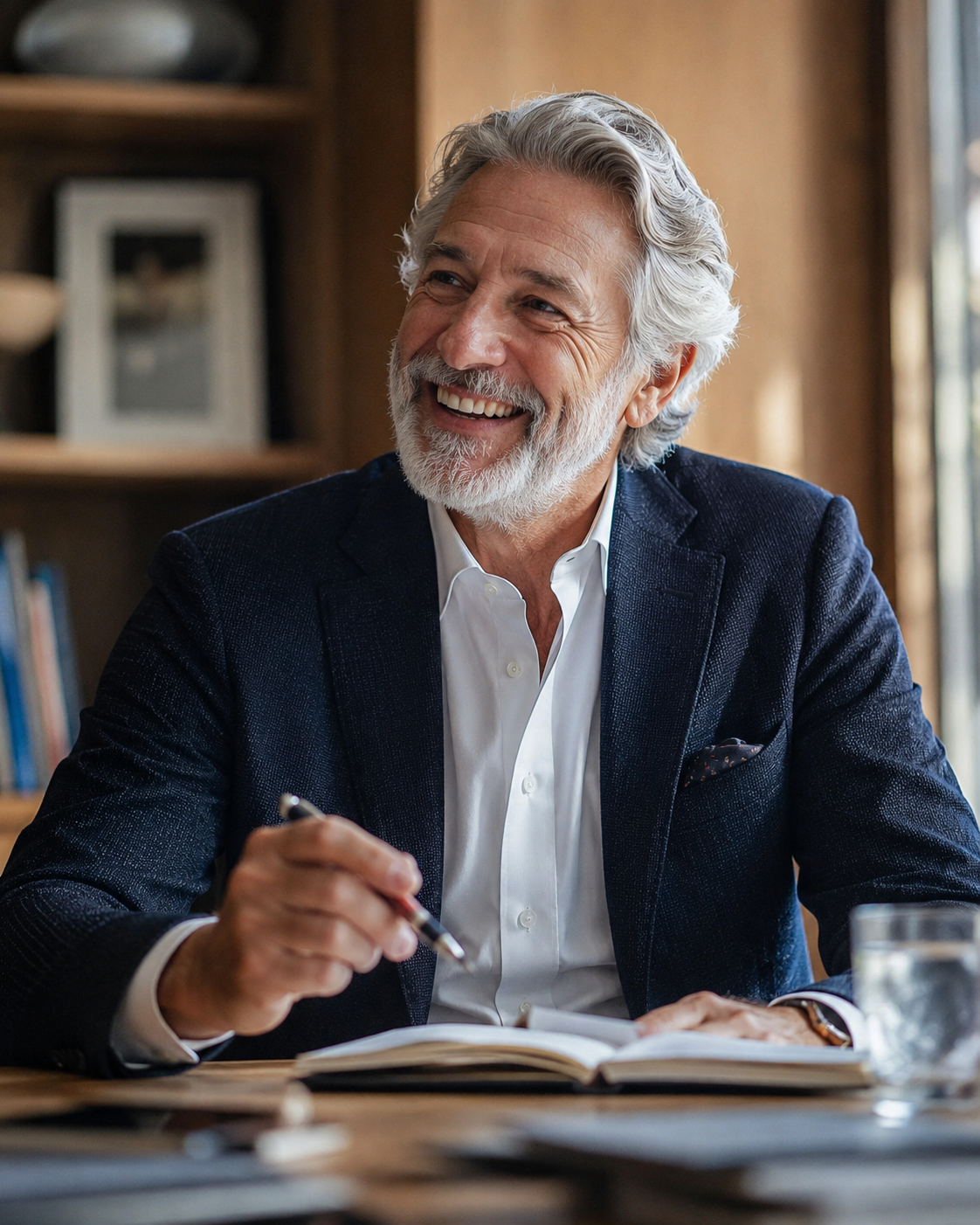 A confident executive smiling while reviewing notes at his desk