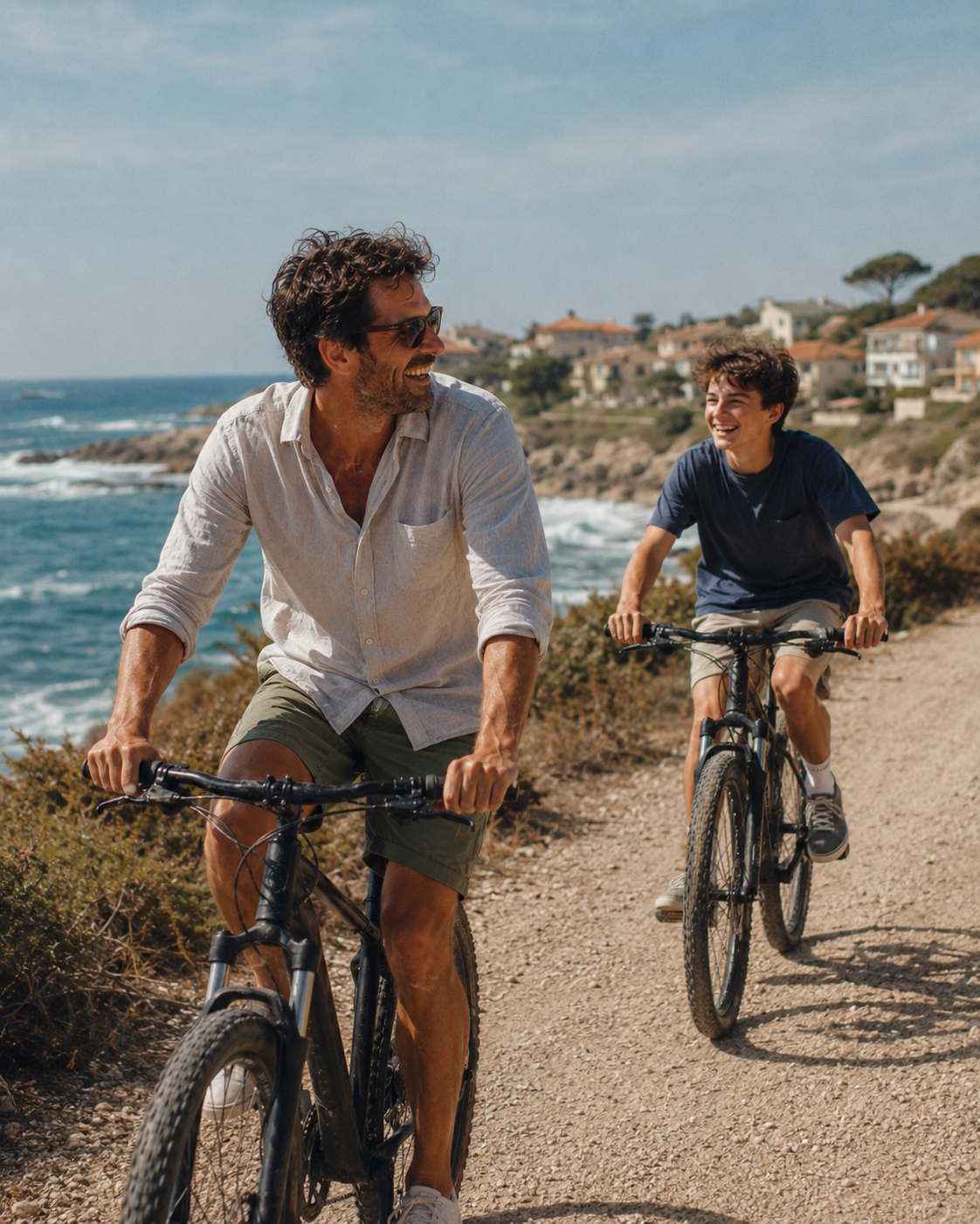 A father and son riding bikes along the coast, free to move, travel and live without hesitation