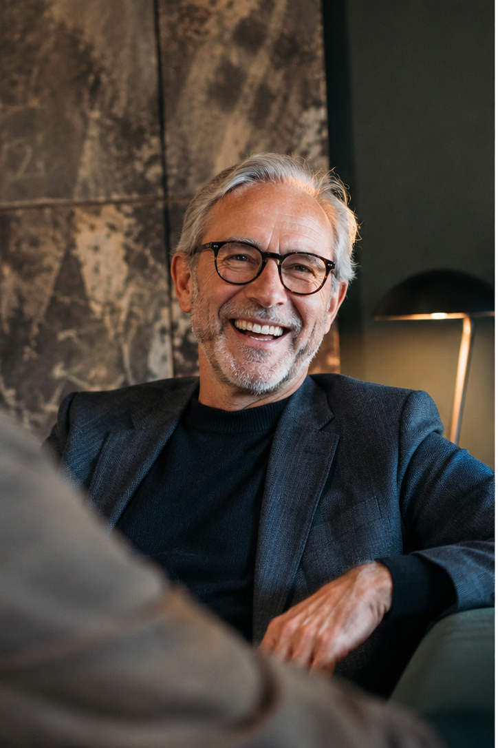 A confident executive laughing in conversation, at ease and in control