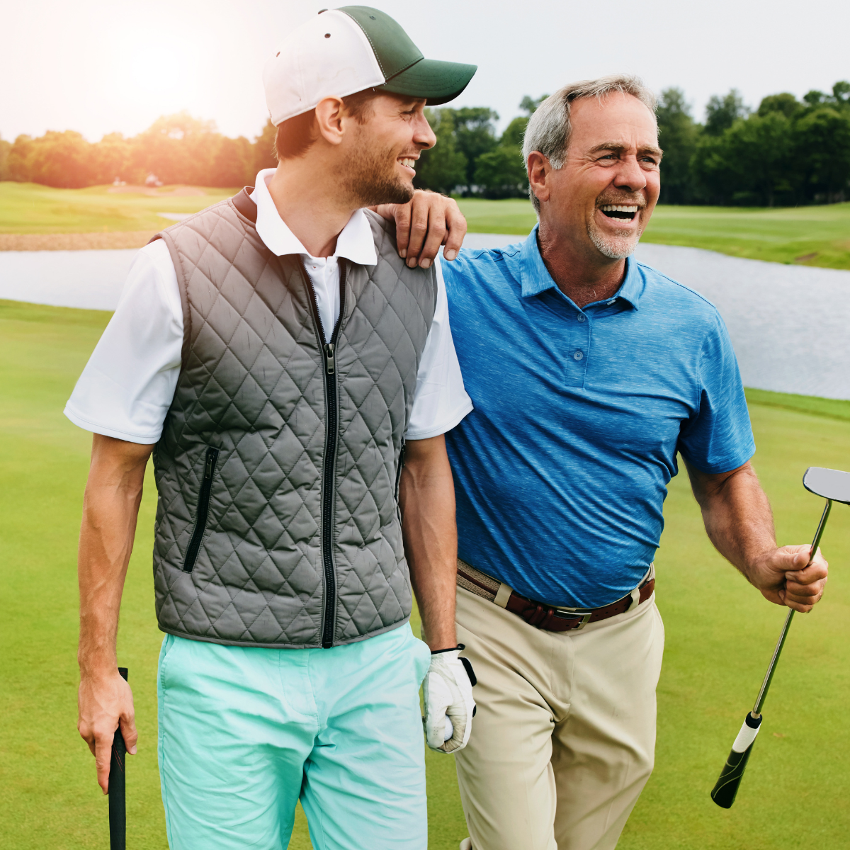 Two leaders sharing a relaxed moment on the golf course