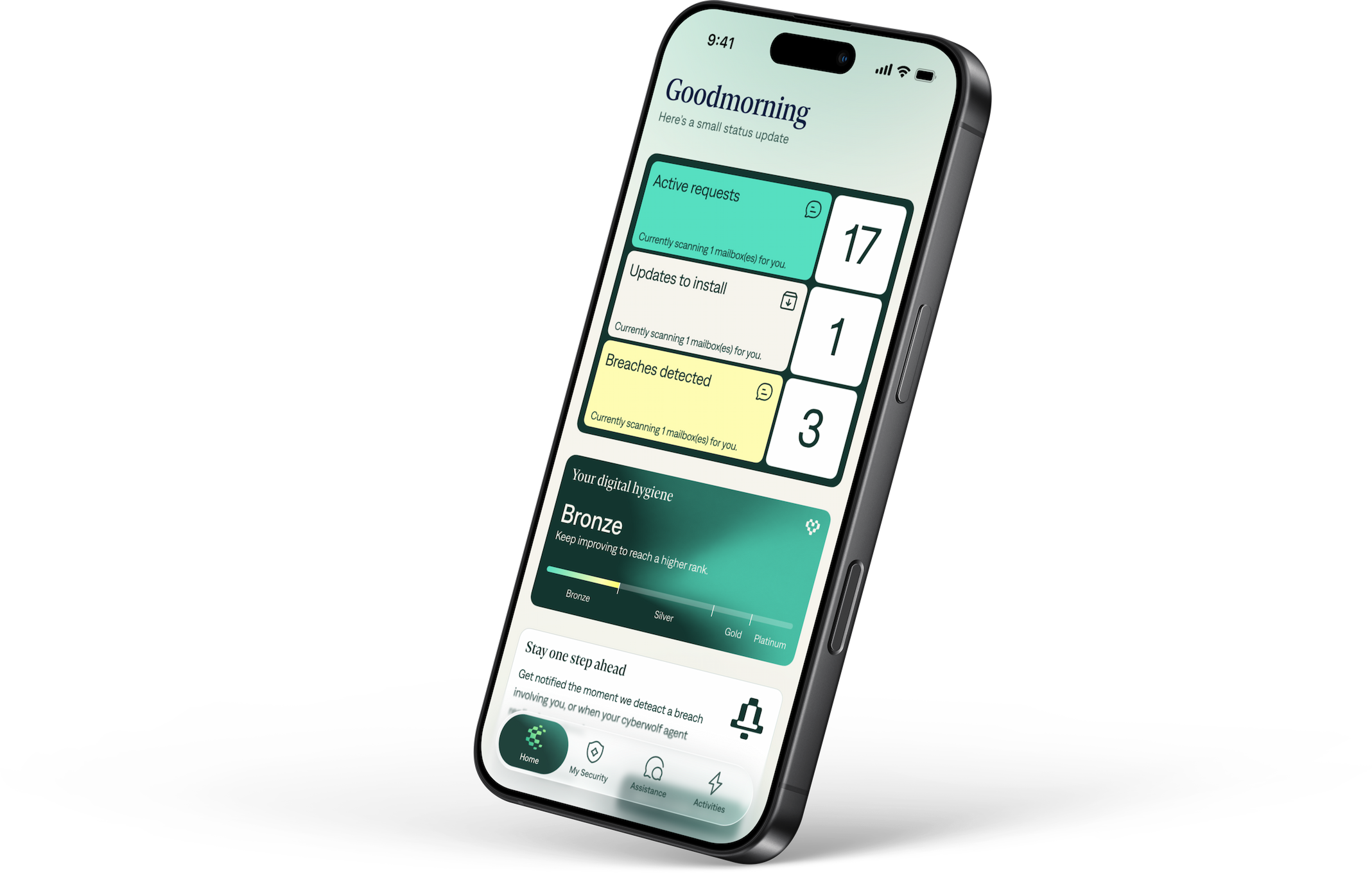 The Cyberwolf app on a phone, showing a member's live security status, recent actions taken on their behalf, and a direct line to the response team