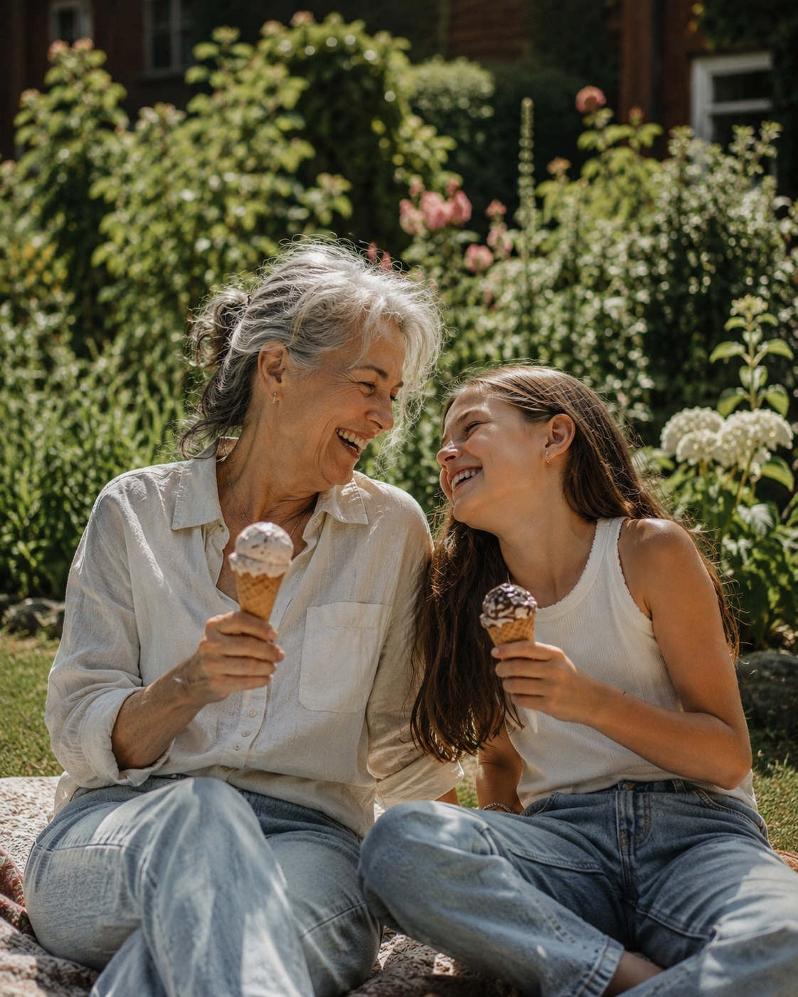 A grandmother and her granddaughter laughing together with ice creams in a sunny garden