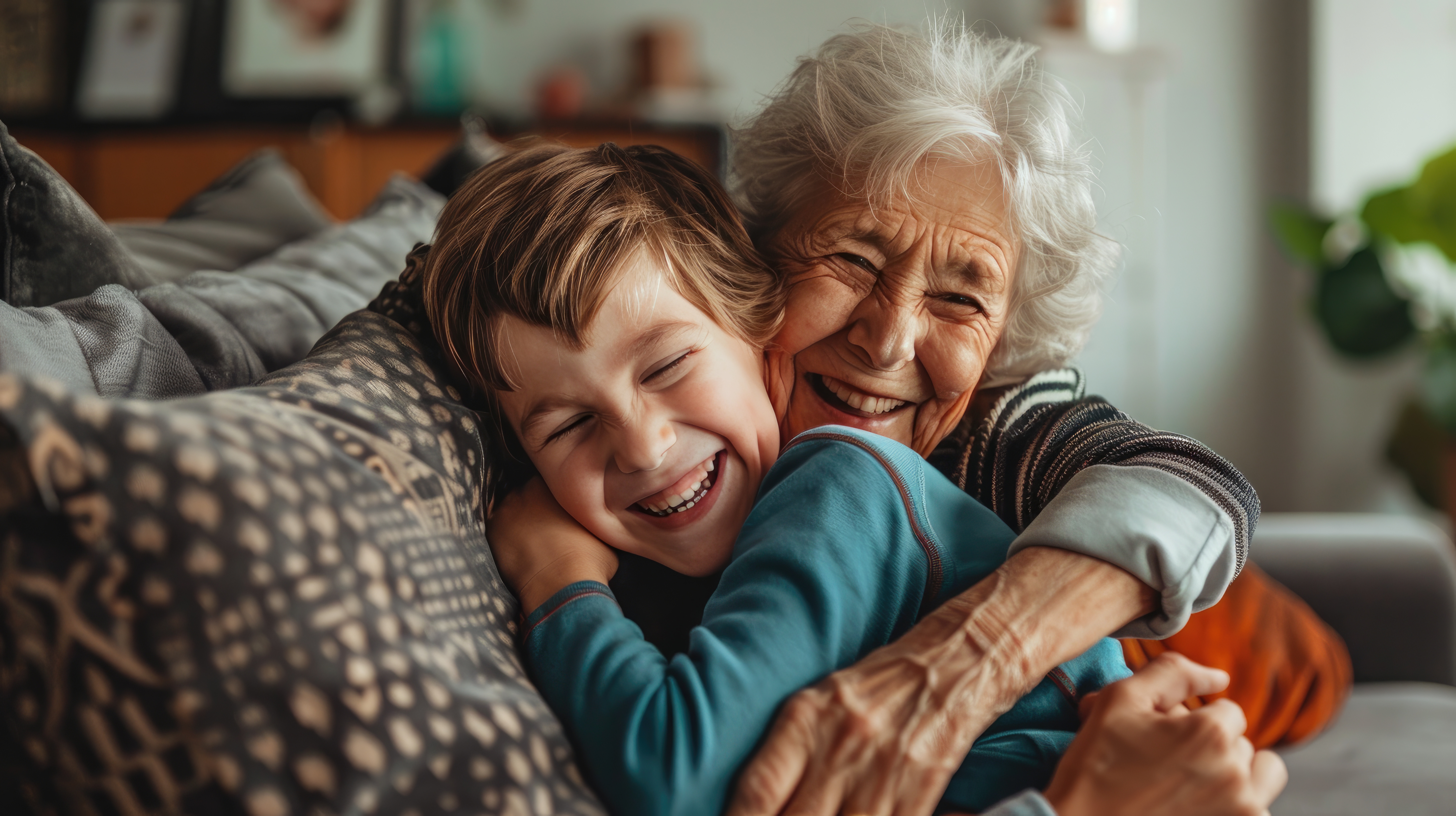A grandmother and her grandson sharing a warm moment at home